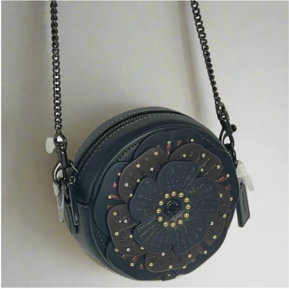 Coach Tea Rose Crossbody CE782 Small Round Leather Chain Shoulder Strap Floral - Picture 2 of 14